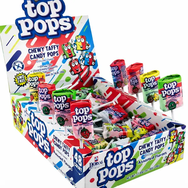 Top Pops Assorted Chewy Taffy Pops Candies - Box of 48 Snacks with 4 Artificial Colors-Free Flavors: Watermelon, Strawberry Lemon, Strawberry, Blue Raspberry