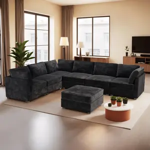 Oversized Plush Corduroy Modular Sectional Corner Sofa, L Shaped Modular Couch, 6 Seat Convertible Couch With Removable Ottoman, Comfy Sectional Couches for Living Room with Memory Foam,Easy to assemble