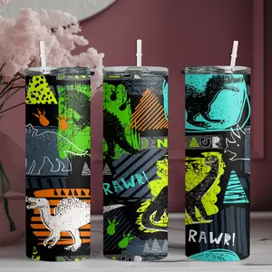 20oz stainless steel water bottle with straw, Dinosaur pattern design skinny tumbler, suitable for fitness, travel, driving, and daily use at home. A great gift for family and friends | 1pc