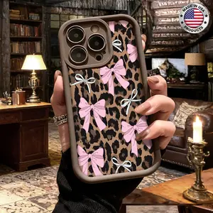 Trendy Leopard Print Bow Pattern Aesthetic Case for iPhone 17 16 15 14 Pro Max 13 12 11 XR XS Plus Air Slim Lightweight Shockproof Anti Drop Protective Durable TPU Cover