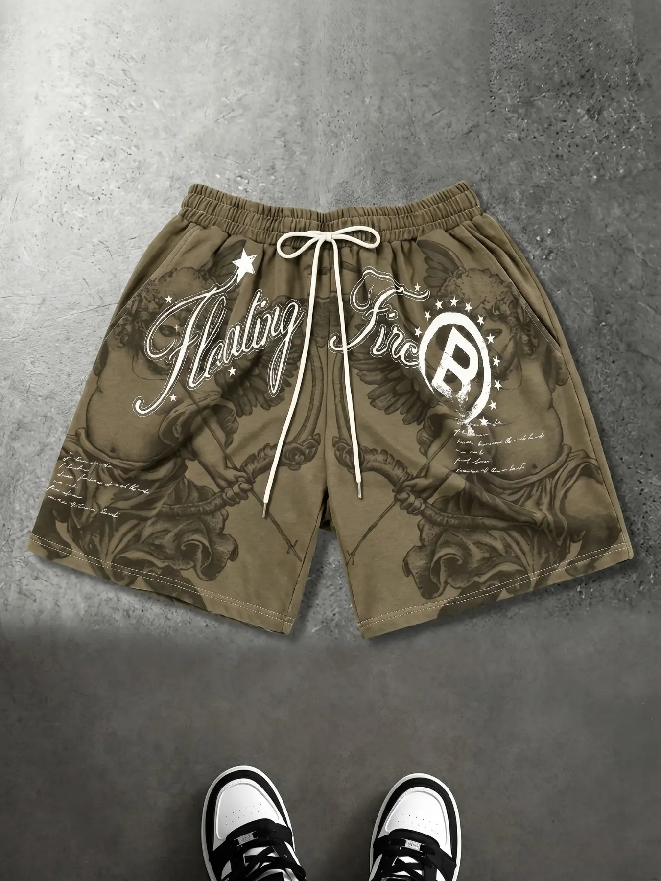 Men's Cherub Angel Print Shorts, Olive Green "Floating Fire" Graphic Drawstring Casual Streetwear Summer Bottoms