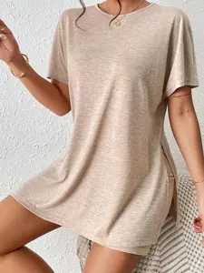 Slit Round Neck Short Sleeve Oversized Top and Shorts Set