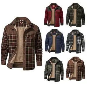 Men’s medium-weight wool-lined Sherpa plaid shirt jacket; warm outdoor jacket with a snap-button front and pockets; grey-green and comfortable brown flannel jacket; classic men’s soft plaid design; fashionable patch casual top; plaid long-sleeve shirt