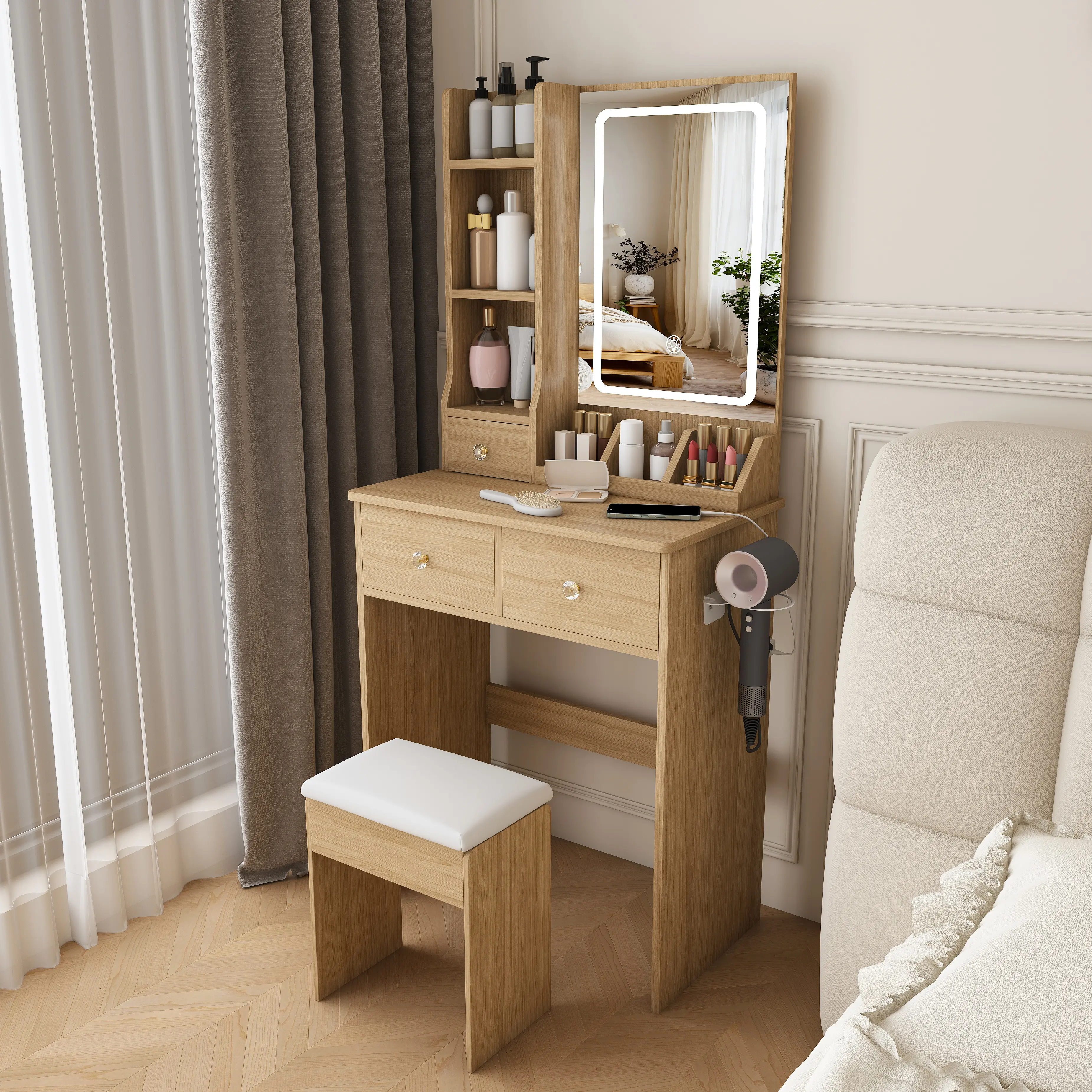Compact Bedroom Dressing Table, LED Lighted Mirror Vanity Table with Dimmable Lighting, Ample Storage, Power Outlet & Hair Dryer Holder, Includes Padded Dressing Chair