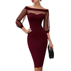 Womens Cocktail Party Pencil Dresses Off the Shoulder 3/4 Sleeve Mash Midi Dress Summer Sexy Elegant Bodycon Dresses