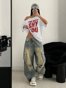 Y2K "I'm Not Shy" Slogan Oversized Cotton Off-Shoulder Streetwear Graphic T-Shirt for Women, Casual Loose Fit Drop Shoulder Tee, Bold Statement Top for Street Style, Concert Outfits, Festival Looks, Soft Breathable Fabric, Womenswear, Everyday