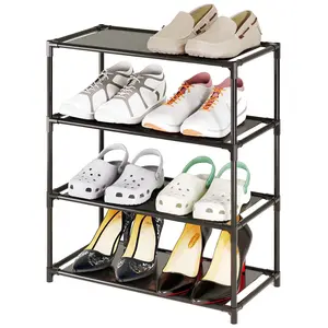 Small Shoe Rack 6-8 Pairs Sturdy Shoe Shelf 4-Tiers Narrow Stackable Shoe Organizer,Lightweight Kids Shoe Racks for Entryway, Doorway and Closet（Black）
