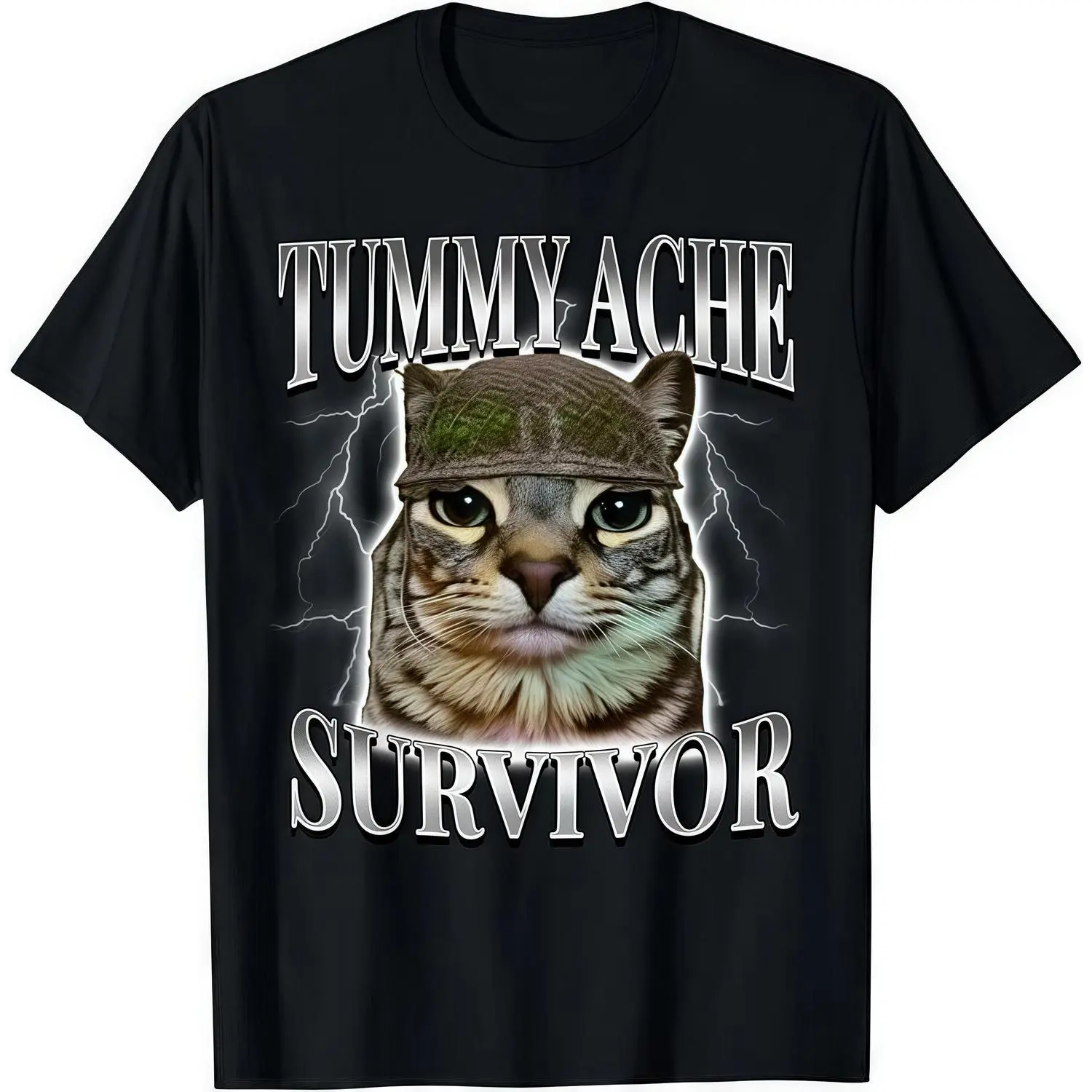 Humorous Cat Meme T Shirt Featuring Tummy Ache Survivor Cool Cat Graphic