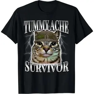 Humorous Cat Meme T Shirt Featuring Tummy Ache Survivor Cool Cat Graphic
