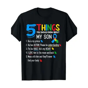 Autism Awareness Parents T-Shirt - 100% Cotton, Vibrant Graphic Print, Unisex Casual Tee for Mom & Dad, Black with Colorful Puzzle Pieces Design, "5 Things You Should Know About My Son" Message, Soft & Durable Cotton Fabric,
