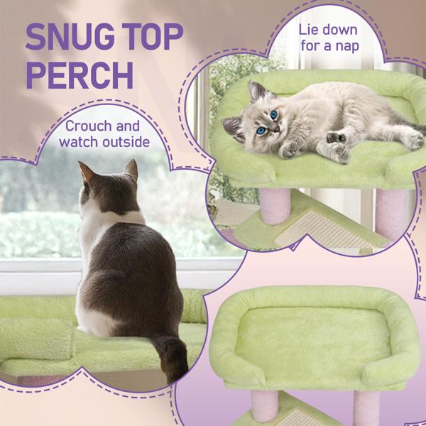Cat Tree House And Towers For Big Feline Scratching Post Multi-Level Large Kitty Climbing Tower With Curved Perch Cozy Condo Padded Top Bed Kittens Indoor Cats Beige Green，Fashion Accessories Fabric Buddy