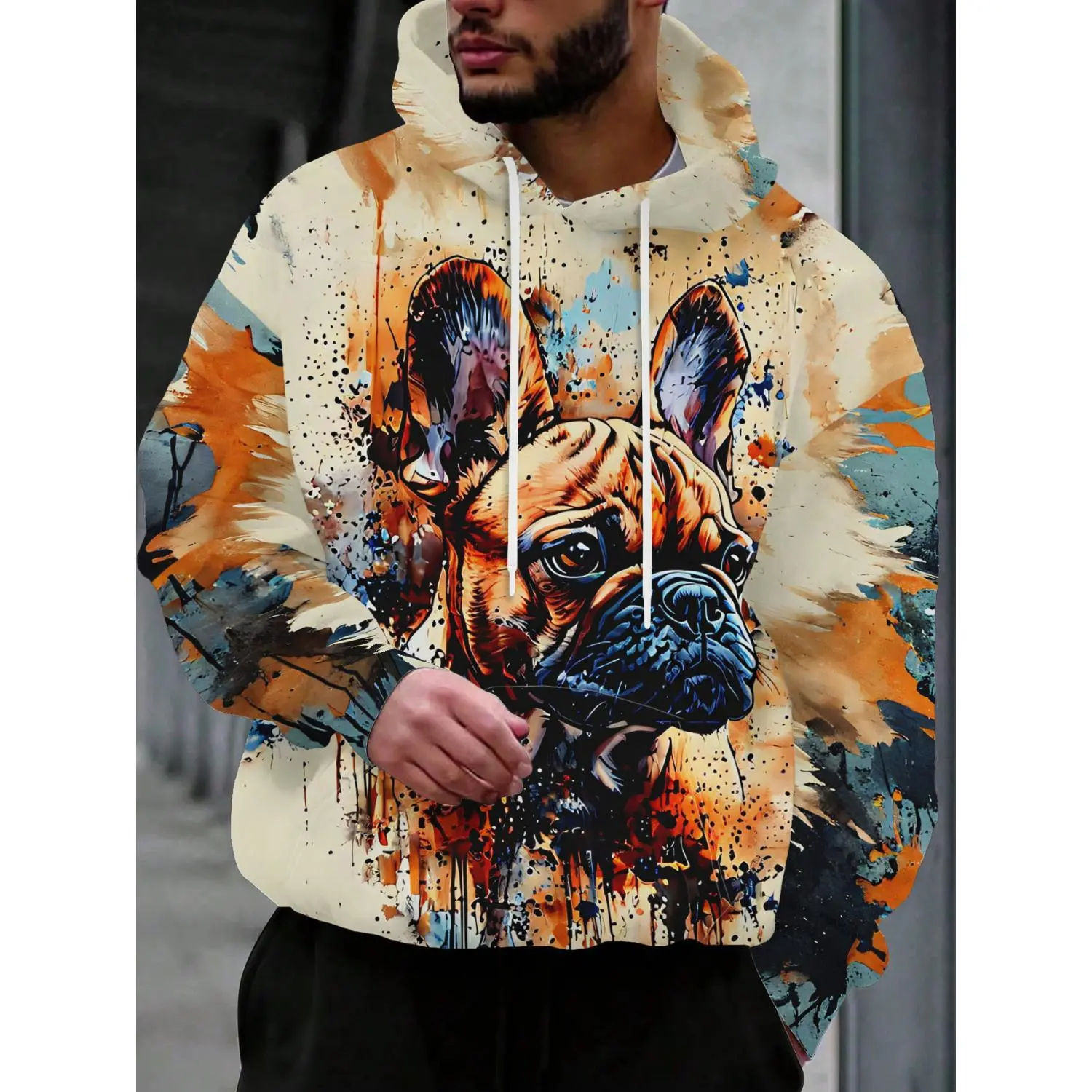 Trendy Men's Street Style Hooded Sweatshirt with Watercolor French Bulldog Portrait - Artistic Patterns & Casual Drawstring Design for Unique Style