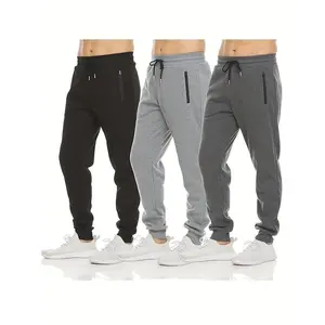 3-Pack Men’s Casual Jogger Pants with Zipper Pocket, Elastic Waistband Drawstring, Solid Color Polyester Sports Pants, Suitable for All Seasons