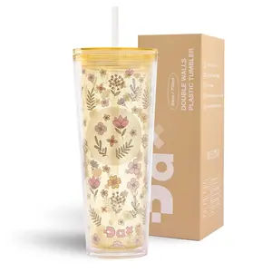 DA Tiny Pattern 24oz Plastic Tumbler with Lid and Straw, Double Wall Leak Resistant Reusable Travel Cup for Iced Coffee and Smoothies