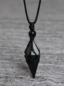 Bohemian Natural Obsidian Pendant Necklace, Unisex Adjustable Length Handmade Jewelry, Vintage Bohemian Jewelry, Casual Versatile Gift for Valentine's Day, Mother's Day, Father's Day, Trendy Jewellery Accessories