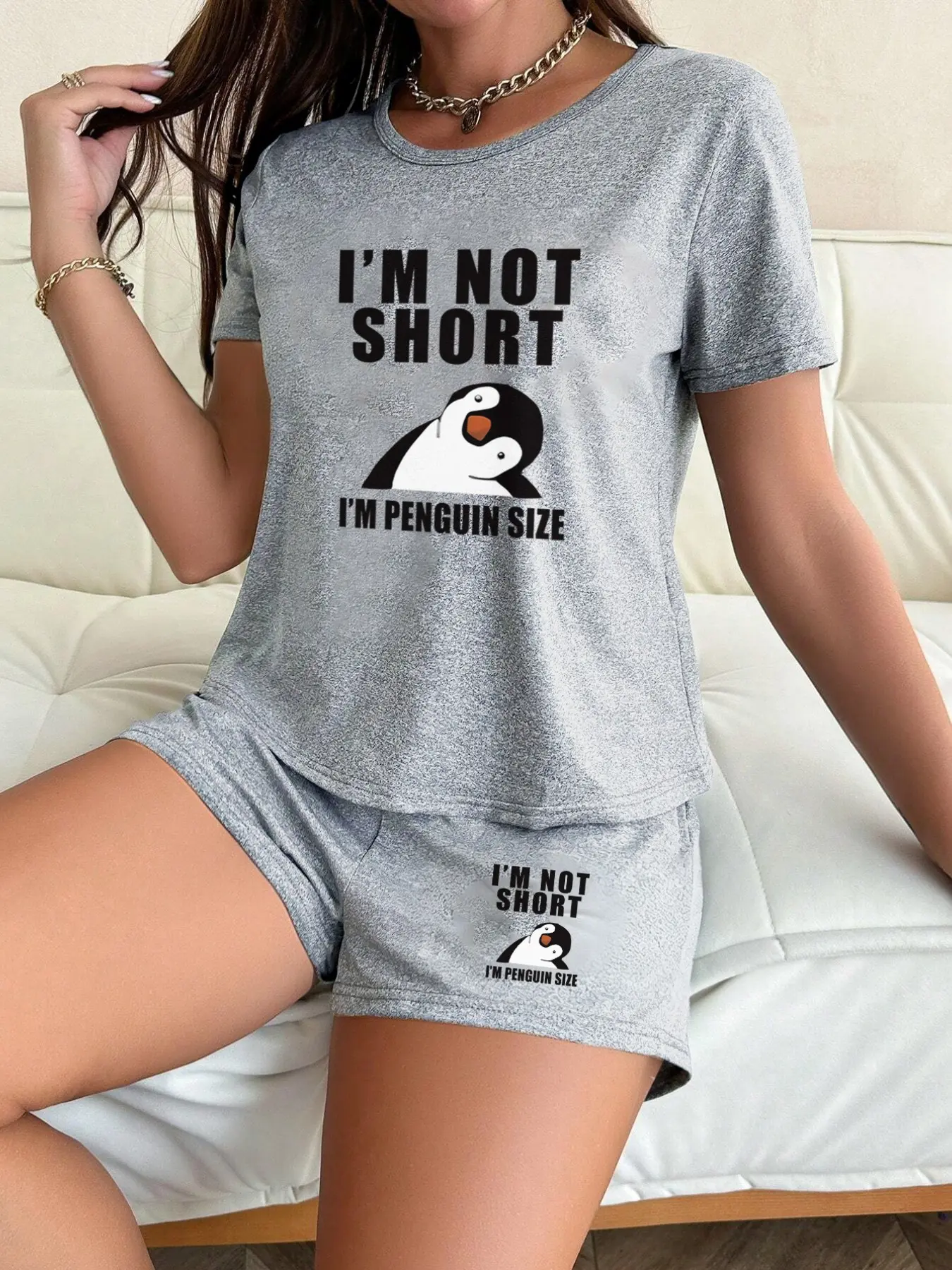 Women's Letter Penguin Print Sleepwear Home Loungewear Set, Lady Short Sleeve Shorts Pajama Suit Pjs, Casual Loose Fit Nightwear for Women Womenswear Pajamas