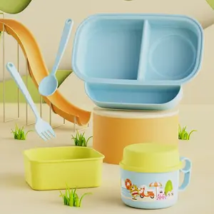 5-Piece Monster Theme Kids Meal Set, 3-Compartment PP Lunch Tray with Utensils Holder, Detachable Bento Box, Microwave & Dishwasher Safe, Perfect Gift