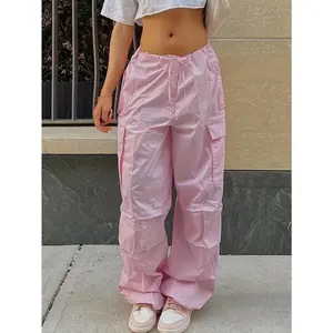 Loose Drawstring Cargo Pants, Casual Pocket High Waist Solid Wide Leg Fashion Comfy Pants, Women's Clothing