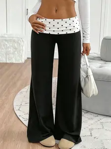 Women's Comfortable Wide Leg Pants, Polka Dot Folded Waist, High-Waisted Flared Long Pants, Stylish and Trendy Fashion