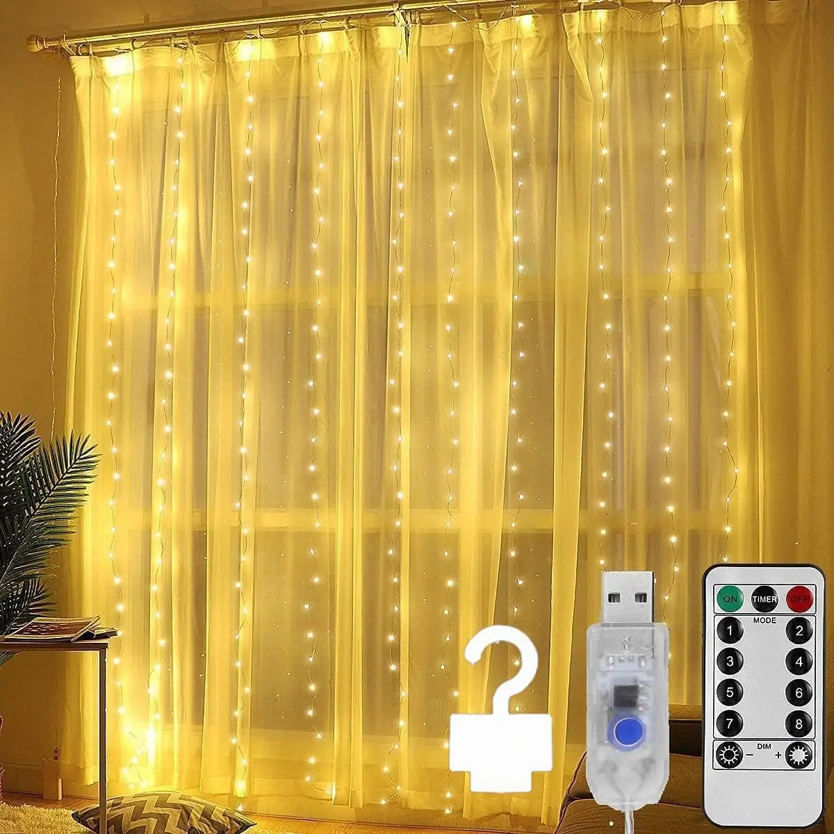 300 LED Curtain Lights 9.8Ftx9.8Ft, 8 Modes Fairy Lights Curtain with Remote, Timer, Dimmable, USB Powerd, Warm White Backdrop Light for Wedding, Party, Home, Bedroom Decorations