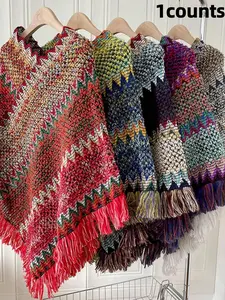 1pc Herringbone Tassel Shawl, Boho Style Shawl, Shawl Cape, Fashion Versatile Travel Poncho, Warm Scarf Wrap