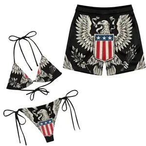Camo Matching Couple Swimwear Set, Eagle Shield Print Bikini & Mesh Shorts outfits, Couple Beachwear