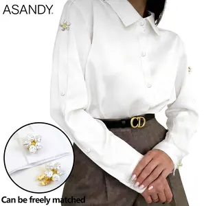 ASANDY Women's Collared Long-Sleeve Satin Blouse - Button-Down Piece with Removable Baroque Pearl Flower Buttons, Versatile for Office, Casual Wear