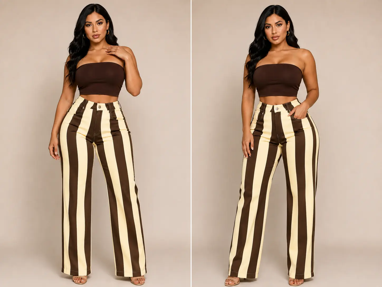 Striped High-Waisted Wide-Leg Pants with Brown and Cream Color Block Design for Women