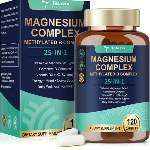 Totaria 25-in-1 Magnesium Complex with Methylated B Complex, Vitamin D3 & K2, 120 Vegan Caps for Relaxation, Energy & Nerve Support