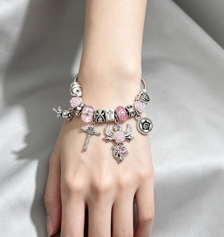 Silver Adjustable Snake Chain Charm Bracelet, 3D Stereoscopic Rose Cross Angel Butterfly Beaded Bracelet, Exquisite Handcraft Fashion Jewelry Gift for Women Teen Girls Silver Adjustable Snake Chain Charm Bracelet, 3D Stereoscopic Rose Cross Angel Butterfly Beaded Bracelet, Exquisite Handcraft Fashion Jewelry Gift for Women Teen Girls