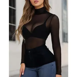 Women's Mesh Tops Long Sleeve Sheer Blouse, Fishnet Tops Plus Size, High Neck Clubwear Shirt