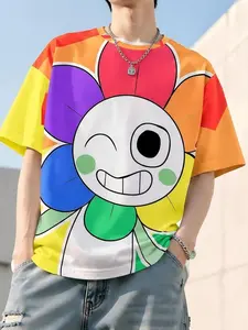 This men's short-sleeved, crew-neck casual top features an all-over print that cleverly blends cute, multi-character cartoon graphics with vibrant street-style graffiti art, making it both versatile and stylish.