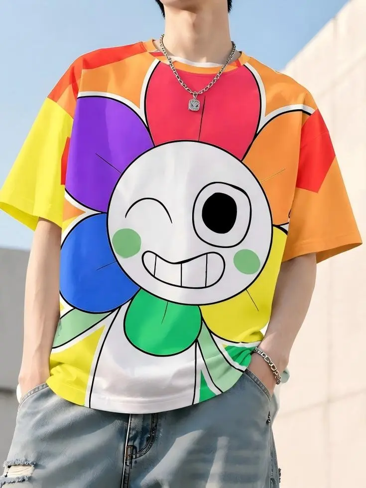 This men's short-sleeved, crew-neck casual top features an all-over print that cleverly blends cute, multi-character cartoon graphics with vibrant street-style graffiti art, making it both versatile and stylish.