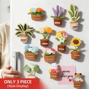 3-Piece Handmade Yarn Crochet Flower Magnet Set, Cute Decorative Magnets for Kitchen and Office, Home Decoration Gift Organizer, Refrigerator Decorating Magnet