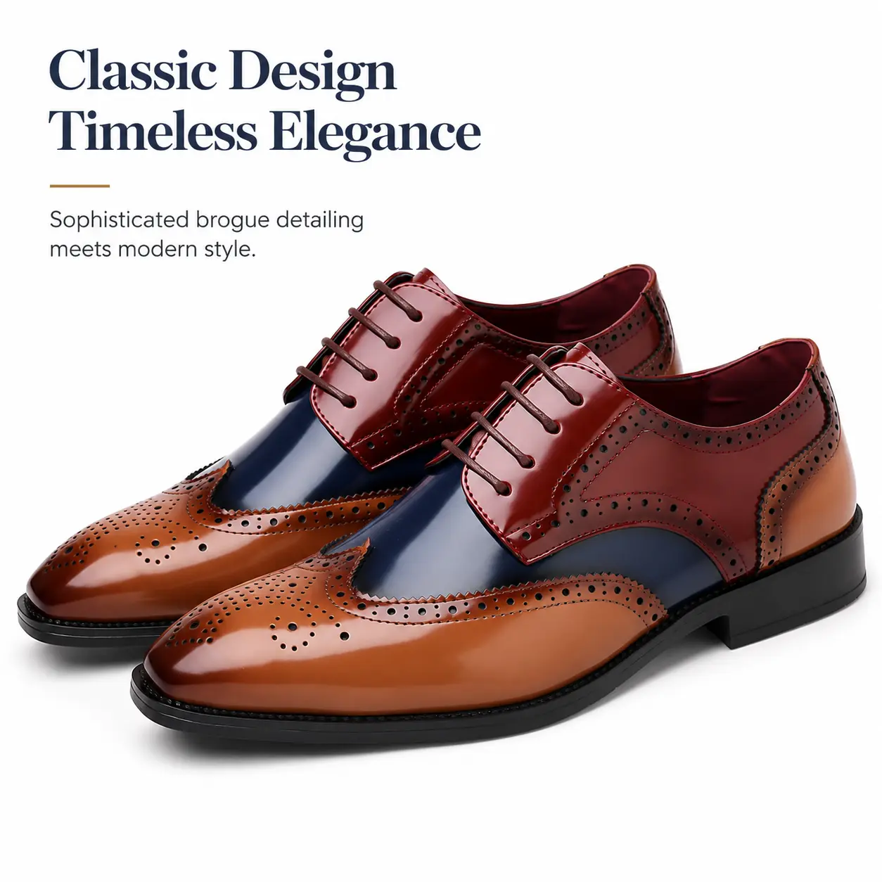 Men's Classic Brogue Wingtip Oxfords, Glistening Formal Shoes in Polished Synthetic Leather, Lace-Up Business Casual Footwear, Closed, Oxford Shoes, Laces