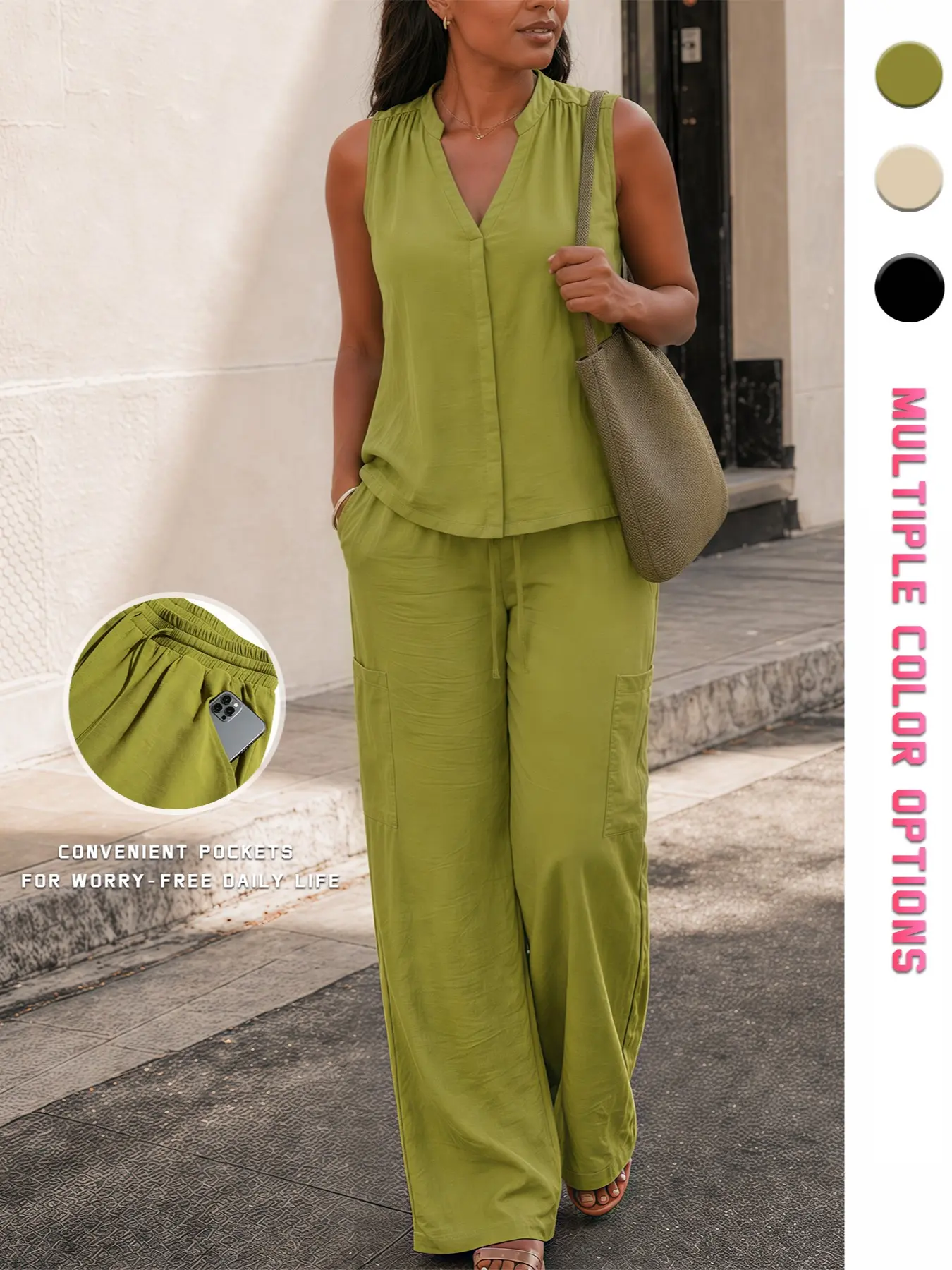 Women's Simple Casual Two-Piece Set, Waist Pants Set, Sleeveless, Comfortable and Fashionable, Summer Street Style, Loose-Fitting Plain Solid Suit, Unlined
