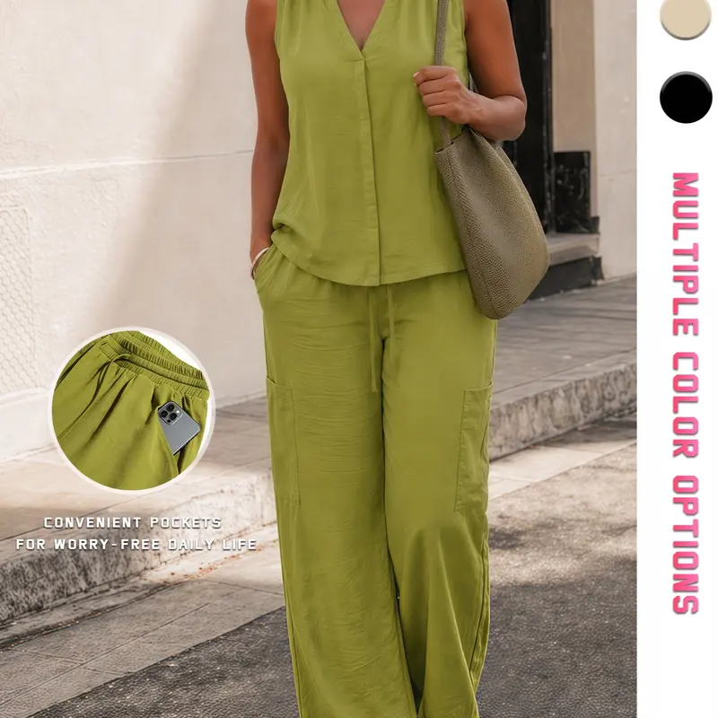 Women's Simple Casual Two-Piece Set, Sleeveless, Comfortable and Fashionable, Summer Street Style, Loose-Fitting Plain Solid Suit, Unlined, Outfit Set