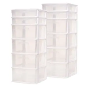 Homz Plastic 6 Clear Drawer Medium Home Storage Container Tower, White (2 Pack)