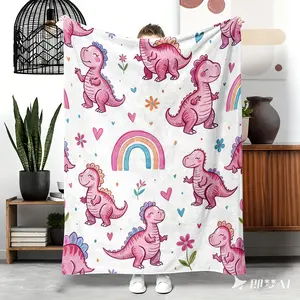 Pastel Rainbow Dinosaur Polyester Blanket - Thick, Warm, Machine Washable, All-Season Bedding Throw