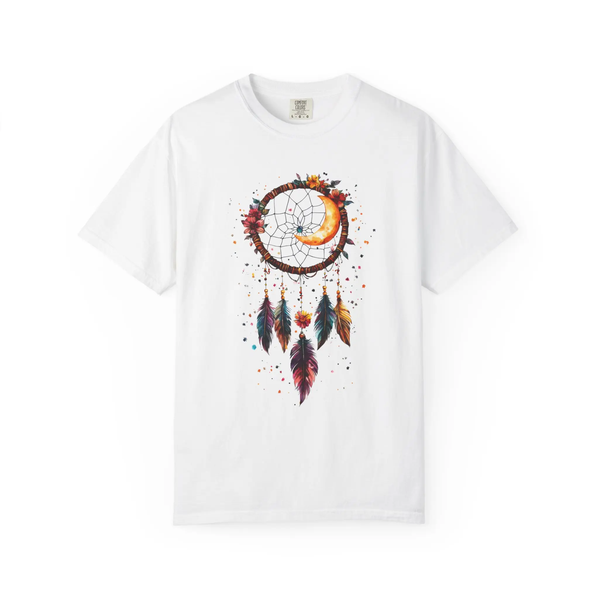 Unisex Streetwear Tshirt with Watercolor Dreamcatcher Moon Graphic, Short Sleeve Heavyweight Cotton Tops, Casual Relaxed Fit, Shortsleeve, Fabric