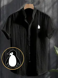 Men's Summer Short Sleeve Shirt, Lightweight Breathable Button-Up Casual Shirt, Cartoon Penguin Print, Stand Collar