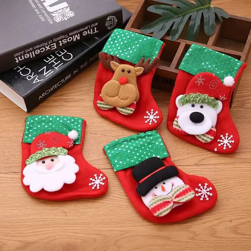 Mini 6-inch Wool Felt Christmas Stockings Snowman, Santa, and Reindeer Theme Christmas Tree, Fireplace, and Candy Gift Bag Designs Family Pet Party Decorations Hanging Mini Stocking Ornaments New Year Set of 4 luxury boutique decor christian baptism gift