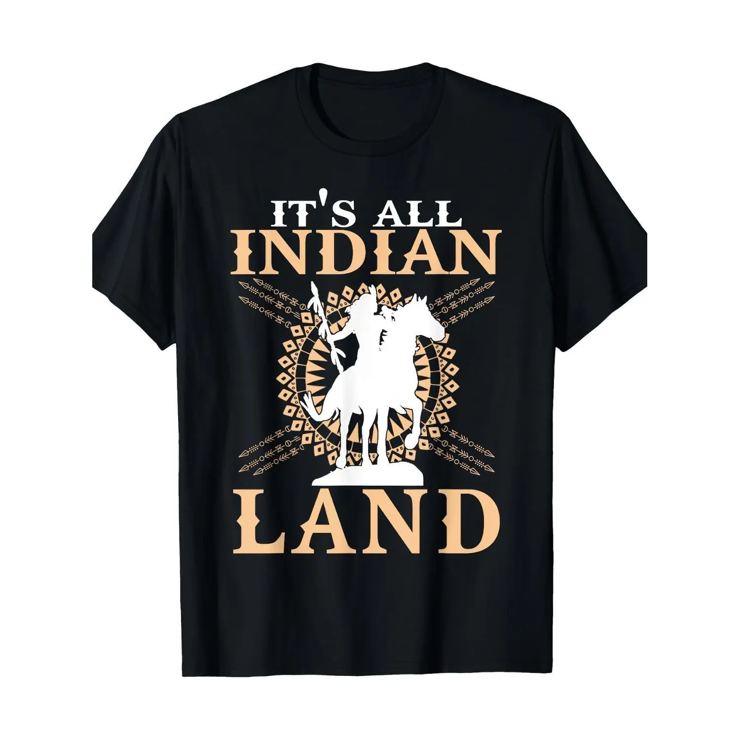 Native American Tee Its All Indian Land Graphic Shirt for Men and Unisex Featuring Vintage Tribal Design with Horse and Motifs Bold Indigenous Heritage Statement Comfortable Stretch Fabric Regular Fit Short Sleeve Crew Neck