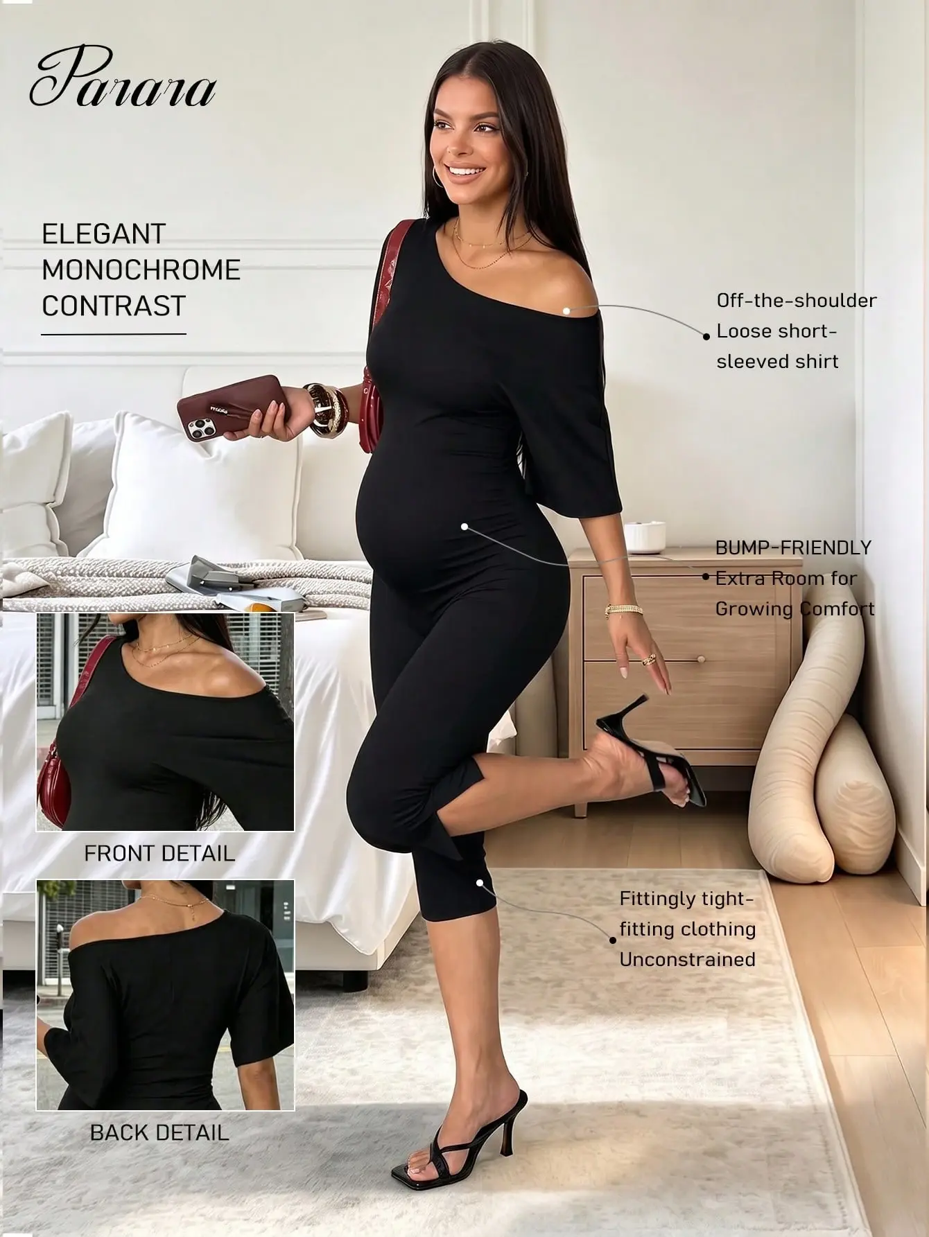 LALUZ Maternity Sleeveless Backless High Elasticity Long Jumpsuit Asymmetric Neckline Slim Fit Summer Outfit Comfortable Black