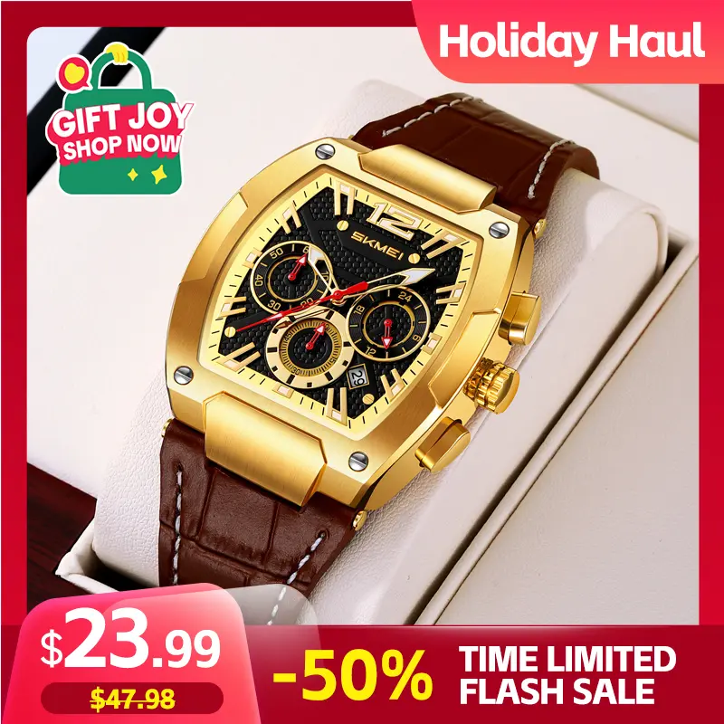 SKMEI Men's Casual Luminous Fashionable Quartz Watch - Barrel Dial, 3ATM Water Resistance, Luminous Hands, Scratch-Resistant Glass, Leather Strap, Ideal New Year's Gift, Casual Watch, Luminous Fashionable Watch
