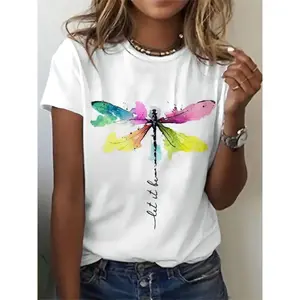 [100% Cotton] Women'S Fashion Casual White Tee, Dragonfly Art With Inspirational Quote, Short-Sleeved Round Neck T-Shirt, Summer Style Top T-Shirt For Men And Women