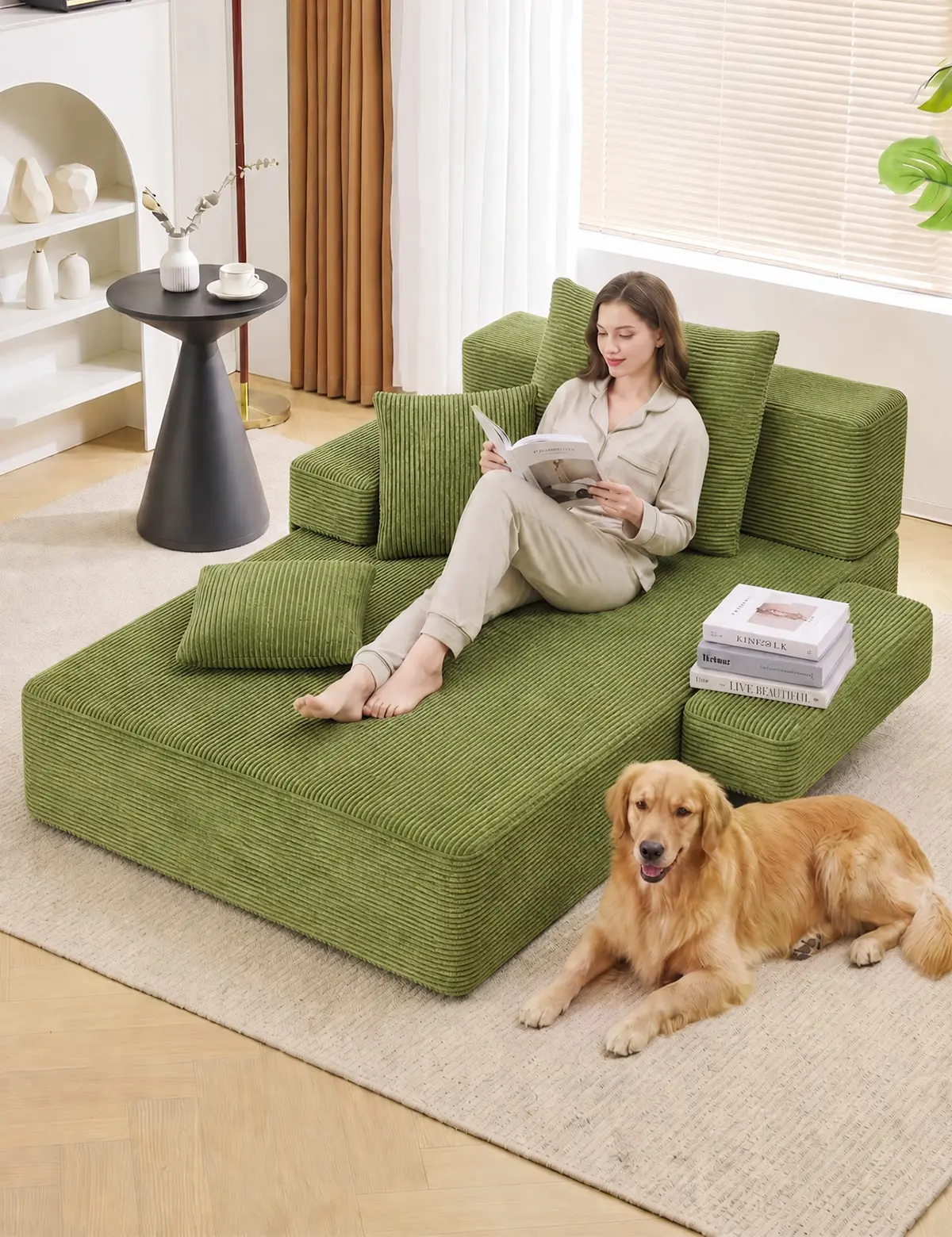 Avocado Green Modular Corduroy Tofu Block Sofa  Multi-layout Convertible Lazy Sofa Bed with Storage