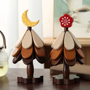 Wooden Christmas Tree Coaster Set - Foldable Trivets for Hot Pots & Teapots - Creative Xmas Gift & Table Decor