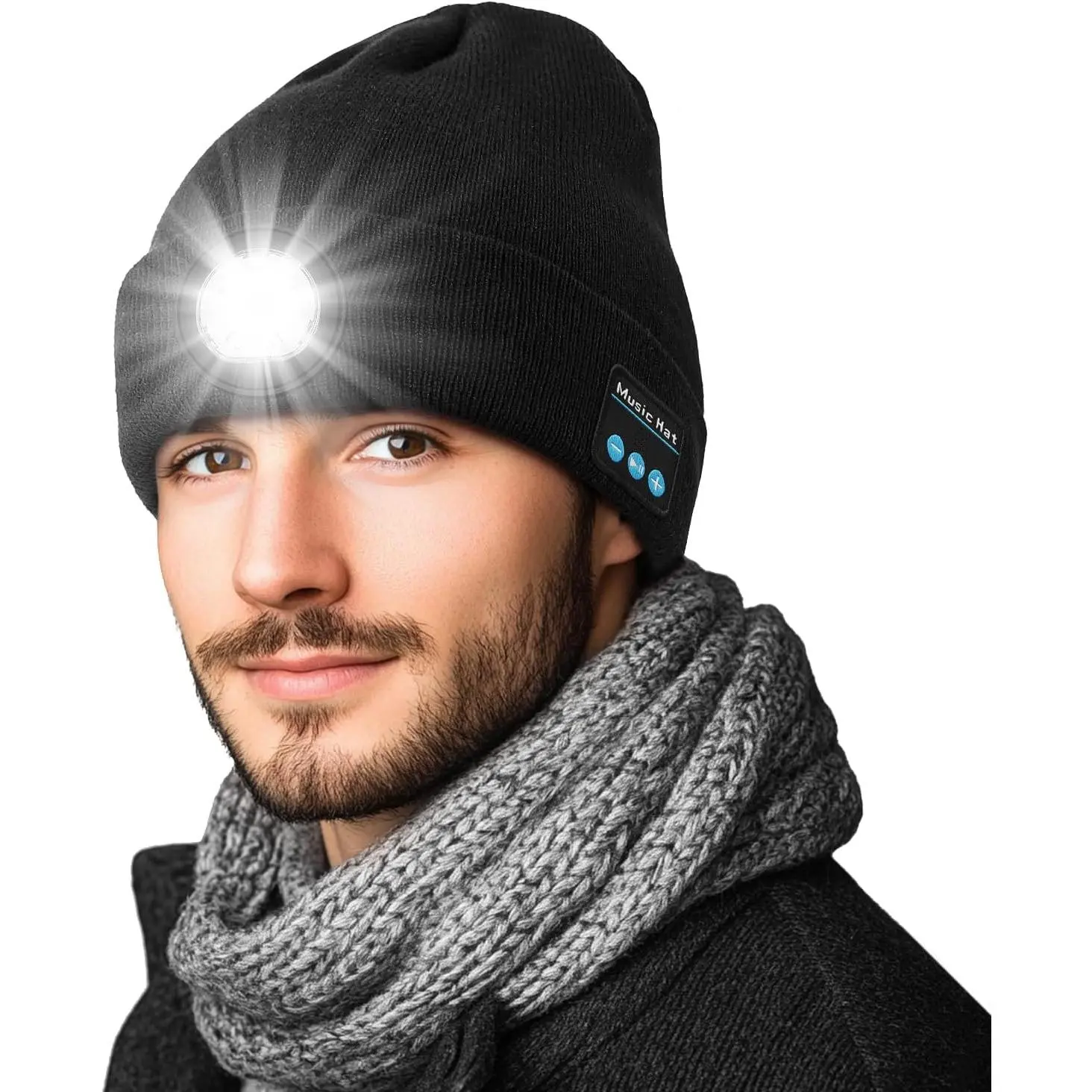 Bluetooth Beanie Hat with Rechargeable LED Headlight, Unisex Knitted Acrylic Winter Cap with Built-in Speaker and Mic, Bluetooth 5.4 Chip