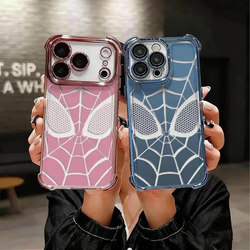Spider-Man Web Print Electroplated Phone Case for iPhone 15 Pro 16 17 Pro Max 13 14 Plus 12 11 Air, 4‑Corner Shock‑Absorbing Anti‑Drop Protective Cover, Cute Couple Aesthetic Phone Shell, Ideal Gift Samsung S22 S23 S24PLUS S25 S26ULTRA